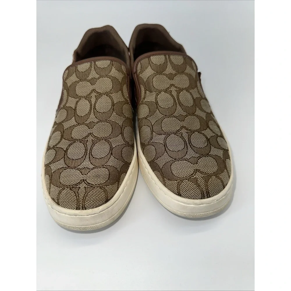 COACH Wells Ladies Slip on Sneaker 9.5B Khaki Saddle Trim Signature Jacquard - Picture 3 of 10